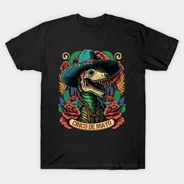 Cinco de Mayo With T-rex wearing a sombrero Hat T-Shirt by artdise